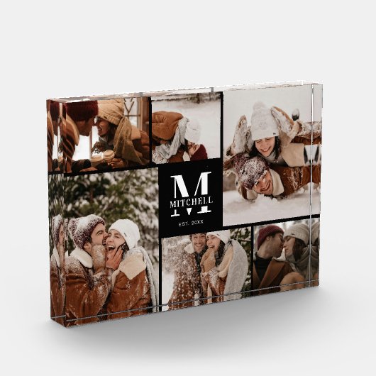 モダンなブラック＆ホワイトの家族写真コラージュ記念品 フォトブロック (左)
