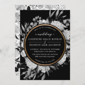 モダンなブラック＆ホワイトの水彩花フレーム 招待状 (正面/裏面)