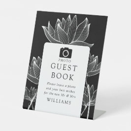 モダンなブラック＆ホワイトの花の写真 ゲストブック 台座サイン