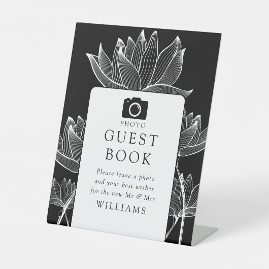 モダンなブラック＆ホワイトの花の写真 ゲストブック 台座サイン (正面)