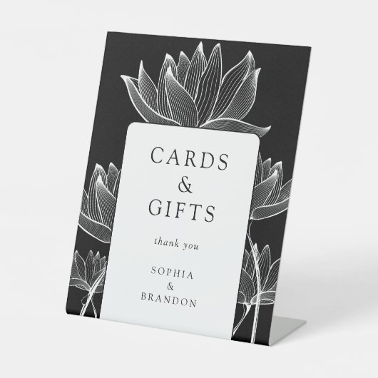 モダンなブラック＆ホワイトの花柄カード＆ギフト 台座サイン (正面)
