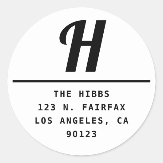 モダンなブラック＆ホワイトの返送先住所ラベル ラウンドシール (正面)