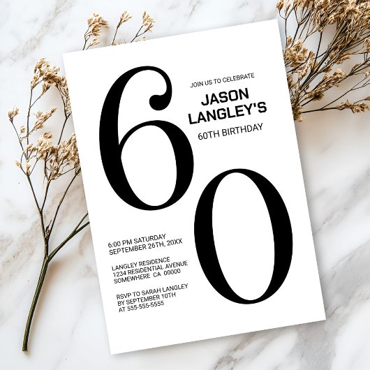 モダンなブラック&ホワイトの60歳誕生日パーティー 招待状