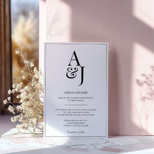 モダンなブラック＆ホワイトイニシャル結婚式招待状 招待状