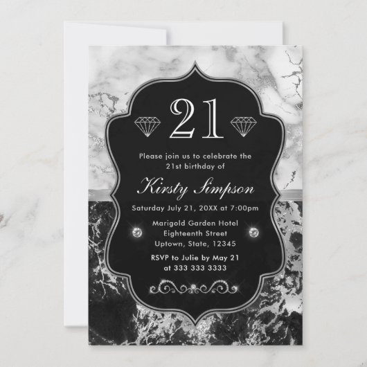 モダンなブラック、ホワイト、シルバーの大理石の誕生日 招待状 (正面)
