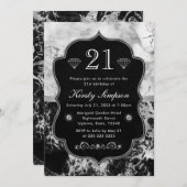 モダンなブラック、ホワイト、シルバーの大理石の誕生日 招待状 (正面/裏面)