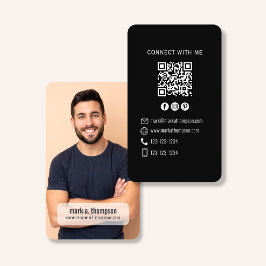 モダンなブラック ミニマル QR コード フォト コネクト 名刺