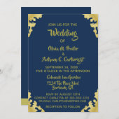 モダンなブルーとゴールドの結婚式招待状 招待状 (正面/裏面)