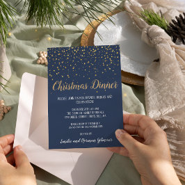 モダンなブルーのクリスマスディナー ゴールド 箔招待状
