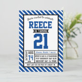 モダンなブルーのストライプ 男の21歳の誕生日 招待状 (スタンド正面)