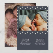 モダンなブルーのドット柄 出生発表 双子 招待状 (正面/裏面)