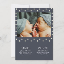 モダンなブルーのドット柄 出生発表 双子 招待状