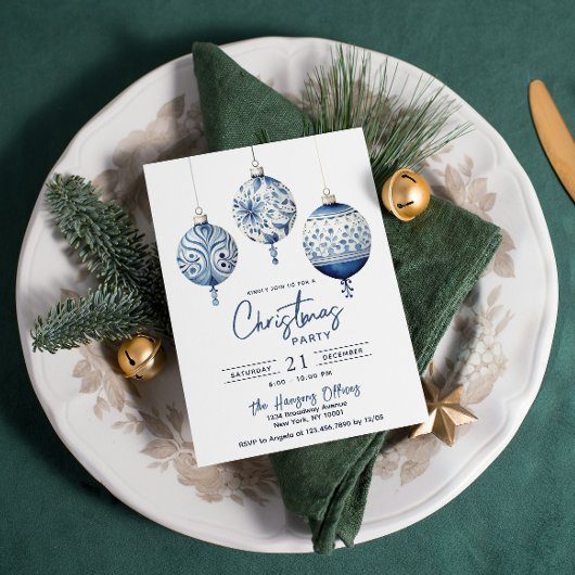モダンなブルーの北欧スタイルの装飾が施されたクリスマスパーティー 招待状