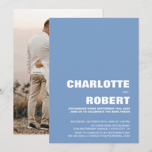 モダンなブルーの結婚式の披露宴 招待状 (正面/裏面)