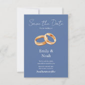 モダンなブルーの結婚指輪のSave The Dateカード セーブザデート (正面)