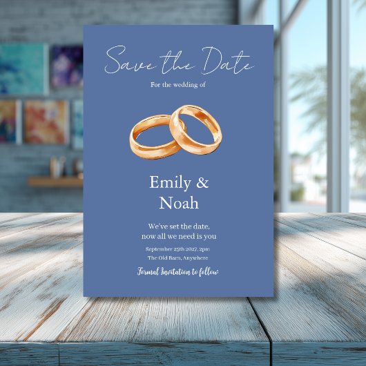 モダンなブルーの結婚指輪のSave The Dateカード セーブザデート