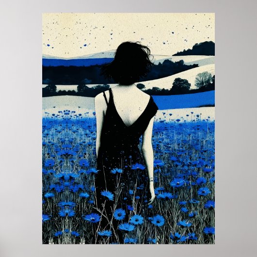 モダンなブルーの野の花のフィールドの壁のアート ポスター (正面)