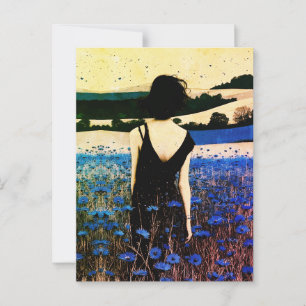 モダンなブルーの野の花のフィールドの壁のアート ポストカード