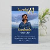 モダンなブルーの2枚の写真を使った卒業のお知らせ 箔招待状 (立ち正面)