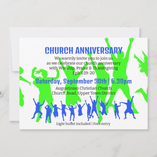 モダンなブルーグリーンの教会記念日 招待状 (正面)
