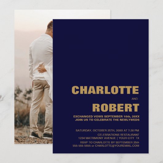 モダンなブルーゴールドの結婚式の披露宴 招待状 (正面/裏面)