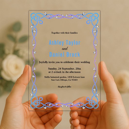モダンなブルーフラワーフレームの結婚式 アクリル招待状