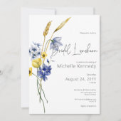 モダンなブルー＆イエローのワイルドフラワーズ ブライダルランチョン 招待状 (正面)