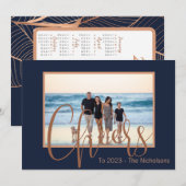 モダンなブルー＆ゴールドで新年を祝うカレンダーの写真 シーズンカード (正面/裏面)