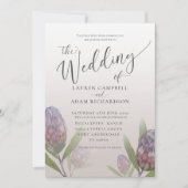 モダンなプルテア パープル フラワー ウェディング 招待状 (正面)