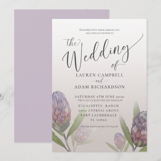 モダンなプルテア パープル フラワー ウェディング 招待状 (正面/裏面)