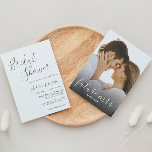 モダンなプレーン ダークグレー フォト ブライダルシャワー 招待状