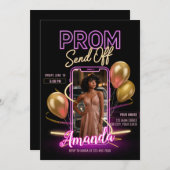 モダンなプロム送別会 ネオンブラックピンクトーン 招待状 (正面/裏面)