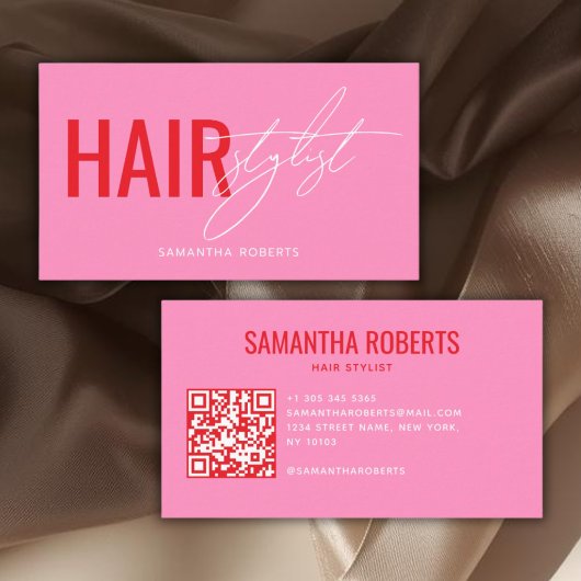モダンなヘアスタイリストQRコード ピンク 名刺