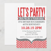 モダンなヘ herringbone パターンの赤と灰色の誕生日招待状 招待状 (正面/裏面)