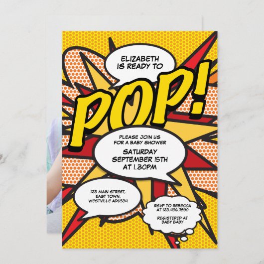 モダンなベイビーシャワーの楽しい準備ができたポップ写真 招待状 (正面/裏面)