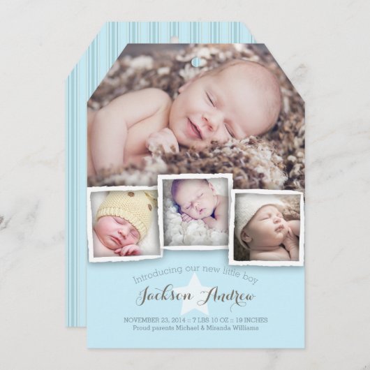 モダンなベビーの甘い男の赤ちゃんの誕生の発表 案内状 (正面/裏面)