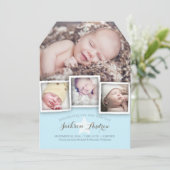 モダンなベビーの甘い男の赤ちゃんの誕生の発表 案内状 (スタンド正面)