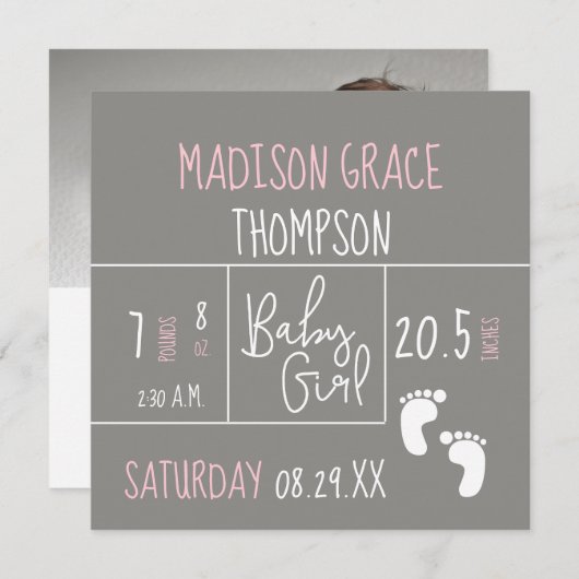 モダンなベビーガール  誕生発表写真 ピンク 招待状 (正面/裏面)