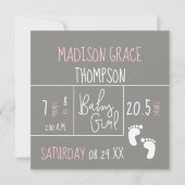 モダンなベビーガール  誕生発表写真 ピンク 招待状 (正面)