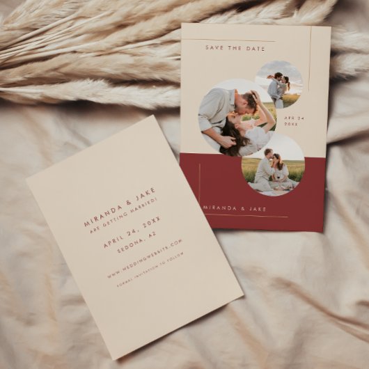 モダンなベージュとバーガンディのインライン結婚式写真 セーブザデート