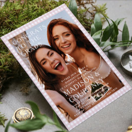 モダンなベージュのギンガム写真 卒業パーティー 招待状