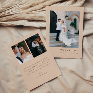 モダンなベージュの3枚写真入りオーダーメイド結婚式 サンキューカード