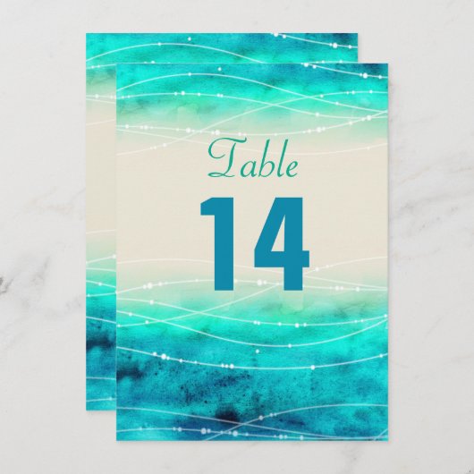 モダンなペイントのきらきらとした海のウェディングテーブルナンバー 招待状 (正面/裏面)