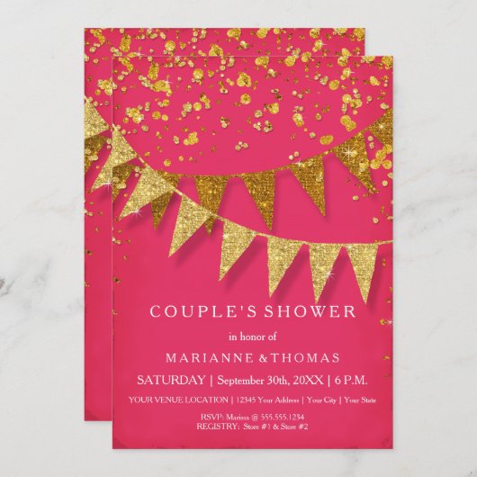 モダンなペナントバナーに、キラキラ光るコンフェッティが降り注ぐ 招待状 (正面/裏面)