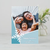 モダンなホリデーシーズンの青い雪の結晶の家族写真 箔シーズンカード (立ち正面)