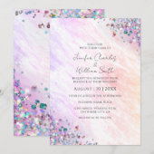 モダンなホログラフィックグリッターが煌く水彩 招待状 (正面/裏面)