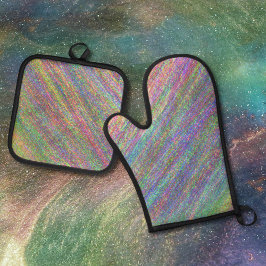 モダンなホログラフィックパステルレインボーパーティ 鍋つかみ&鍋敷きセット