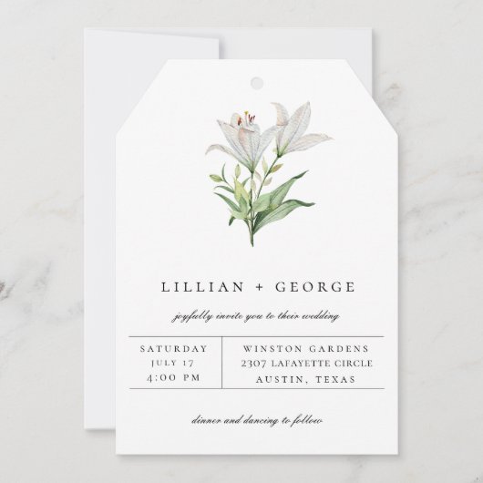 モダンなホワイトユリ フラワーブーケ ウェディング 案内状 (正面)