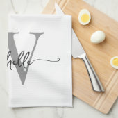 モダンなホワイト グレー カスタム モノグラム ネーム スクリプト キッチンタオル (四つ折り)