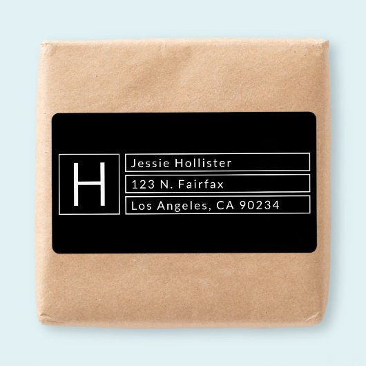モダンなボックスモノグラム 黒と白のリターンアドレス ラベル